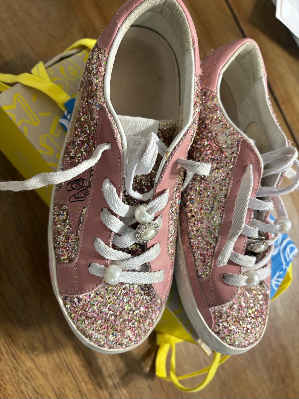 Golden Goose Pink Glitter Kids Sneakers with Pearl Lace Charms